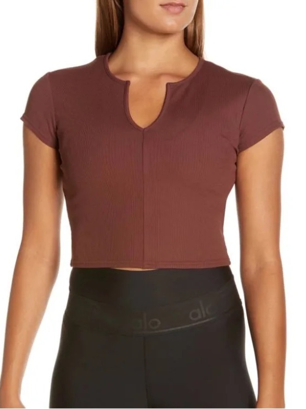 ALO Ribbed Savvy Short Sleeve Top Brown